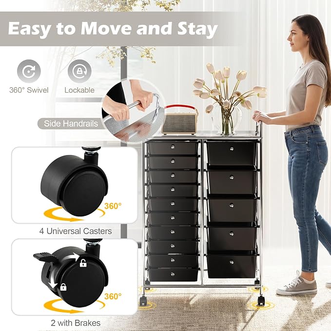 RELAX4LIFE 15-Drawer Rolling Storage Cart - Utility Cart with Metal Frame, Lockable Wheels & Removable Drawers, Multipurpose Art Craft Organizer for Home Office, Classroom (Black) - Image 5