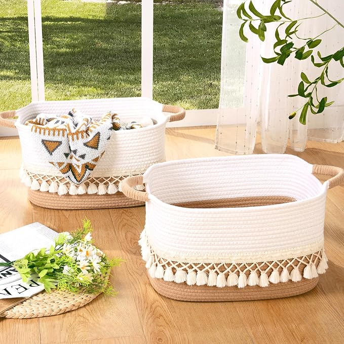 2 Pack Storage Basket for Shelves, Boho Cotton Rope Storage Bins with Heavy Tassel, Shelf Baskets Large Woven Baskets for Organizing, Cube Organizer Bins, Baby Laundry Basket for Clothes, Toys, Pets - Image 9