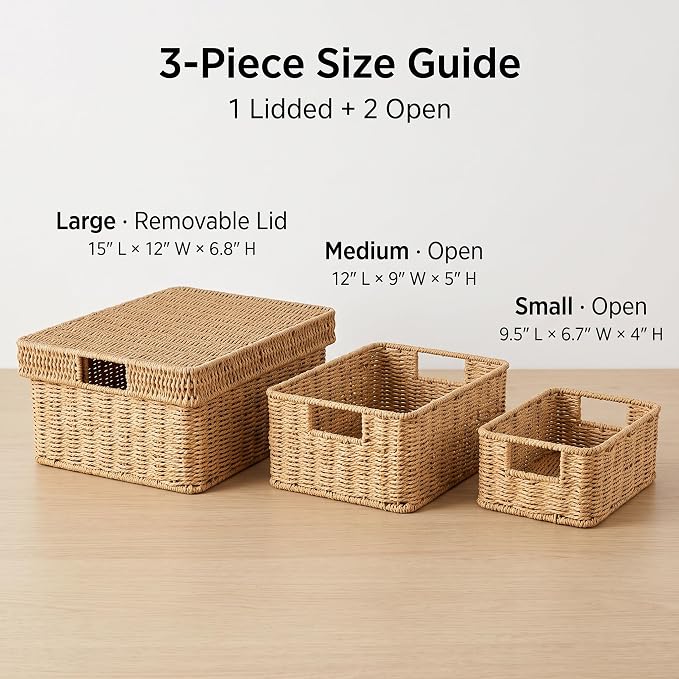 Wicker Storage Basket with Lid for Shelves, 3-Basket Set, Natural | One rectangular wicker basket with lid and two open baskets for decorative shelf storage; removable lid flips into a tray. - Image 3
