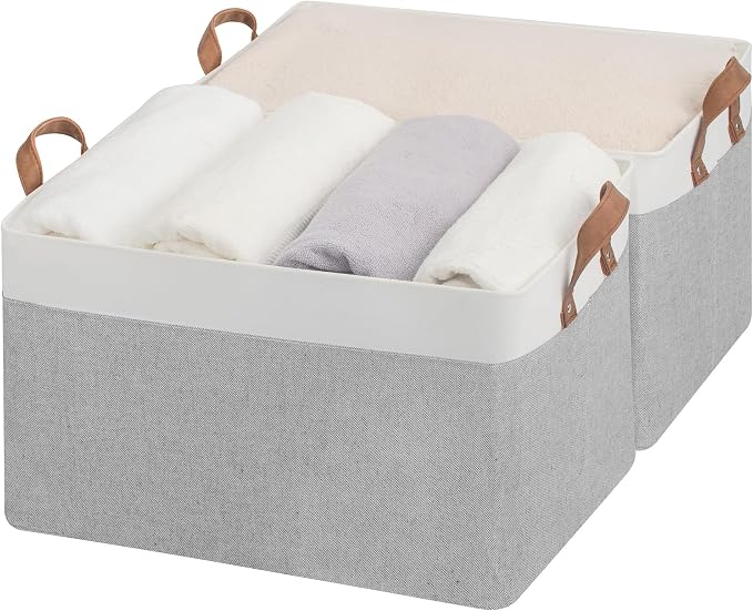 StorageWorks Fabric Storage Bins, Gray and White, Extra Large, 2-Pack | With Reinforced PU Handles, Metal Frame, Collapsible, Storage Basket for Shelves, Closet, Holds Clothes, Towels, Blankets by StorageWorks