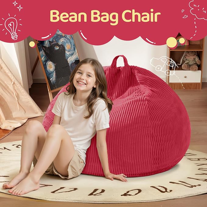 2.5FT Bean Bag Chair,Teardrop Bean Bags with Memory Foam Filled | Beanbag Chairs with Handle,Teardrop Bean Bag Sofa with Corduroy Machine Washable Cover for Living Room,Bedroom-Red - Image 4
