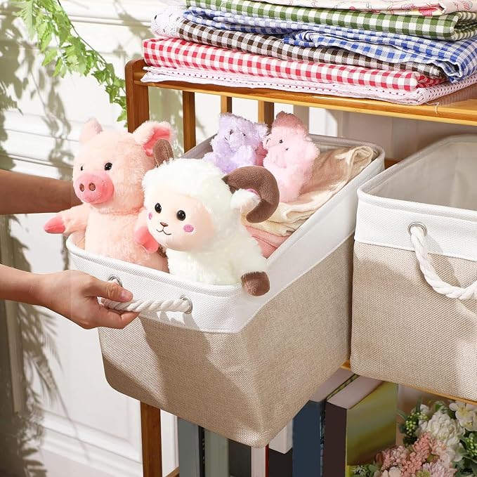 meekoo 8 Pack Collapsible Storage Bins Fabric Storage Bins Polyester Fabric Baskets with Handles Linen Closet Organizer for Shelf Home Closet Towels Toys(11 x 11 x 11 in,Beige) - Image 4