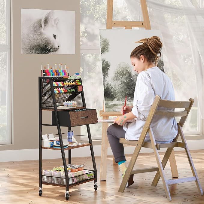 3 Tier Rolling Cart - Metal Utility Cart with Storage Drawer and Wheels, Versatile Art & Craft Organizer for Home, Office, or Studio - Ideal for Storing Brushes, Paints, and Supplies - Image 6