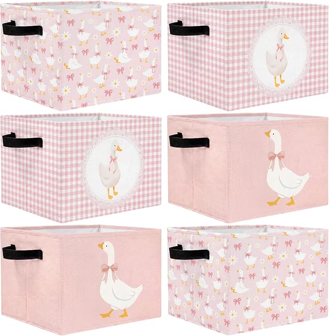 CHENGU 6 Pack Pink Silly Goose Storage Bin Cute Collapsible Storage Basket for Girl Large Foldable Laundry Box with Handle Decorative Clothing Basket for Girl Nursery Bedroom Home Baby Shower Birthday by CHENGU