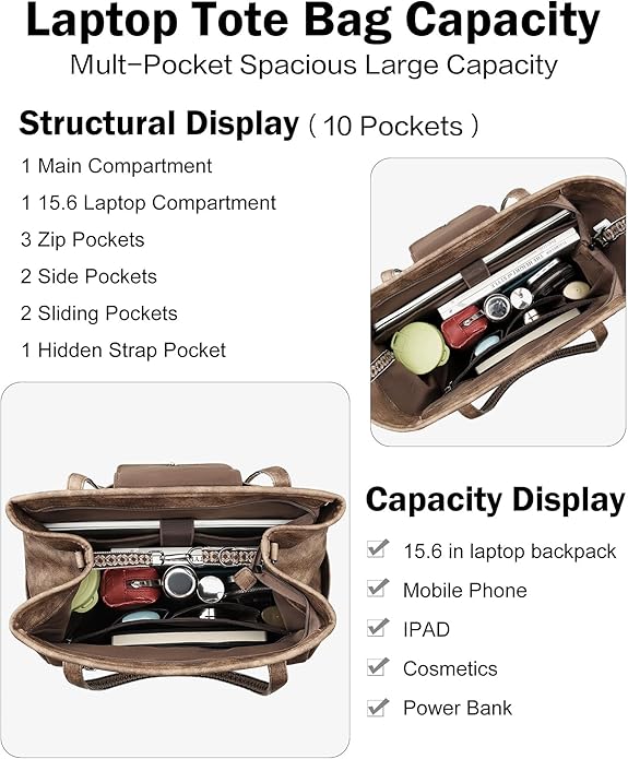 Large Laptop Tote Bag for Women Designer Leather Laptop Bag, 15.6in | Fashion Travel Backpack Purse Shoulder Handbag Fits 15.6 Laptop, Daily, Work, Business Trip, Weekend Travel, Teacher - Image 3