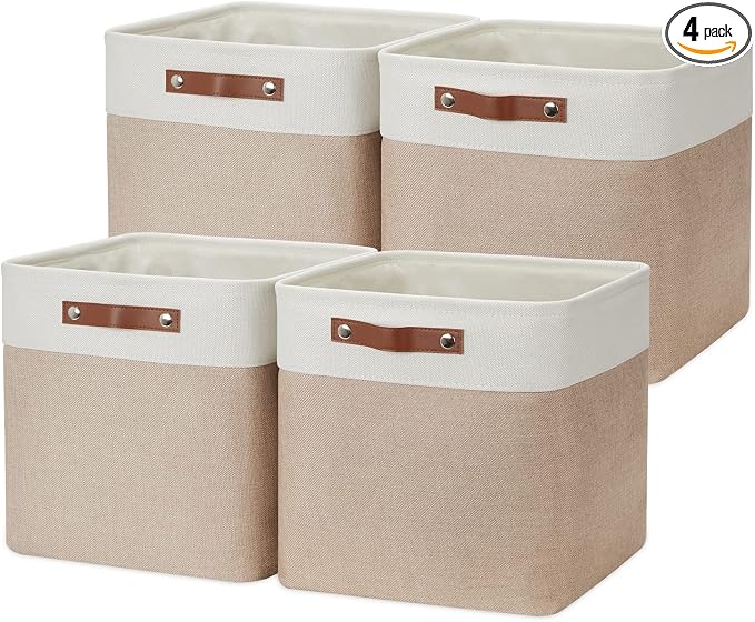 DULLEMELO Cube Storage Bins - 4 Pack Foldable Large Storage Baskets 12 inch Gifts Empty Fabric Bins for Home Office Cubes Organizer Closet, Shelves, Toy, Nursery (4 Pack - 12" White&Khaki) by DULLEMELO