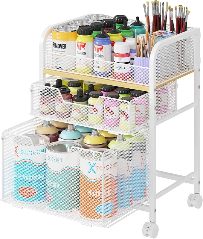 Yociyoga 3 Tier Rolling Cart with Drawers,Pantry Storage Cart with Wheels,Under Desk Storage Cart for Small Space,Pantry Floor Organizers and Storage,Metal Load-Bearing Utility Craft Cart,White - Image 2