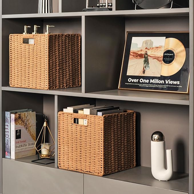 ICERZCZ Wicker Storage Cube Bins for Shelves Closet, Paper Rope Woven Baskets for Storage, Cube Storage Organizer Bin, 11"x10.25"x11", 2 Packs, Yellow - Image 2