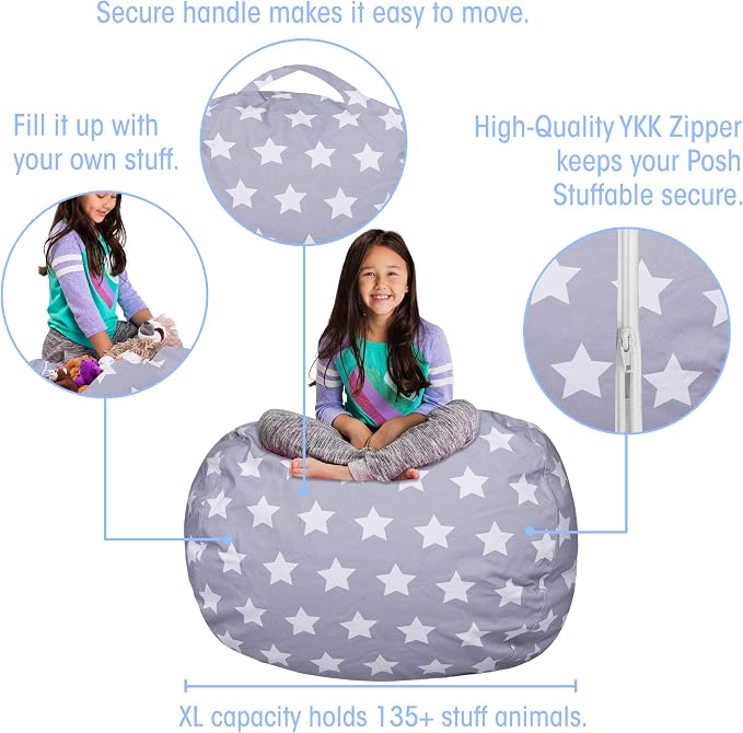 Posh Creations Kids Stuffed Animal Storage Bean Bag Chair Cover - Childrens Toy Organizer, X-Large-48in, Canvas White Stars on Gray - Image 2