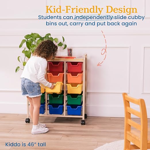 ECR4Kids 15-Bin Mobile Organizer with Shelf, Removable Bins, Sand/Assorted | Durable plastic bins, steel frame, GREENGUARD Gold Certified, 75 lb capacity, rolling casters, craft supplies, classroom/home - Image 5
