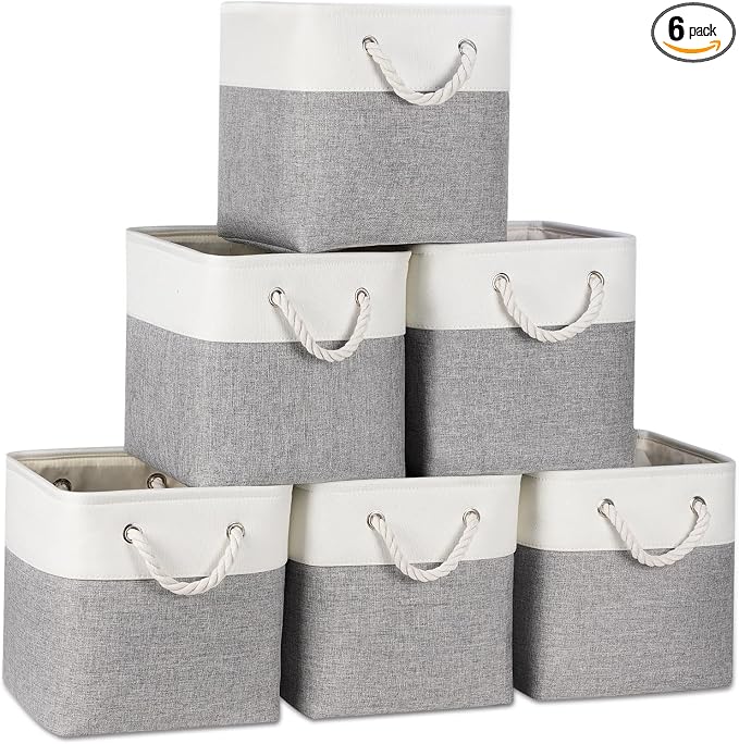 Temary 11 Inch Cube Storage Bins - 6 Pack Foldable Fabric Storage Baskets with Soft Rope Handles, Sturdy Organizer Cubes with Metal Frame for Shelves, Closet, Office & Home Organization (White&Grey) by TEMARY