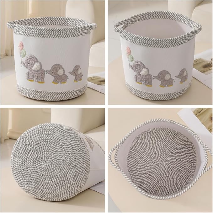 Baby Toy Basket Laundry Hamper Blanket Baskets Cute Elephant Nursery Storage Basket, Woven Cotton Rope Nursery Organization Bins For Girls Boys Kids Baby Shower Gifts Baskets - Image 7
