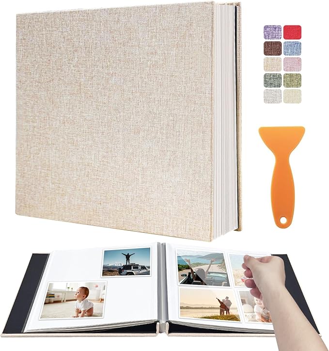 Photo Album Scrapbook – Holds 4x6, 5x7 & 8x10 Pictures – Self-Adhesive Pages for Baby, Wedding, Travel & Family Memories | Includes Metallic Pen & Scraper/Light Beige Large DIY Memory Book for Gifts by HoneyTolly