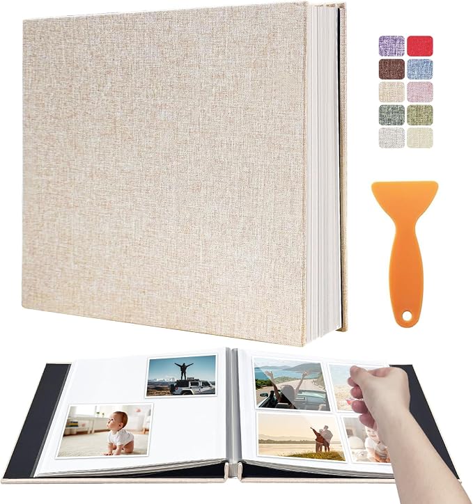 Large Photo Album Scrapbook, Holds 4x6, 8x10 Pictures, Self-Adhesive Pages for Baby, Wedding, Travel & Family Memories, Includes Metallic Pen & Scraper, DIY Memory Book for Gifts 13"x12.8" 60 Pages by HoneyTolly