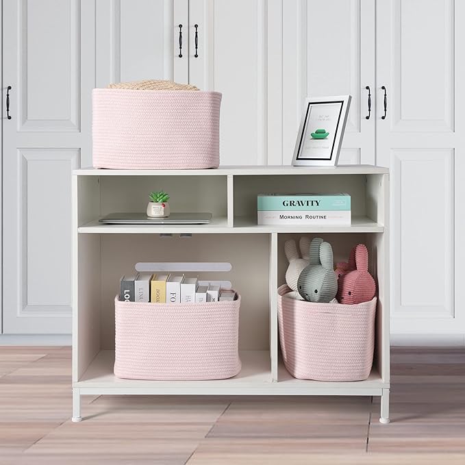 XUANGUO Woven Cotton Rope Storage Baskets 15x10x9.3" 3 Pack Light Pink | Decorative rectangular storage baskets for shelves and closets; storage bins organize clothes, toys, books and nursery items. - Image 4