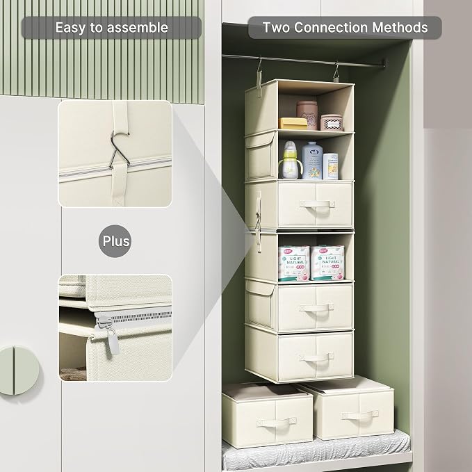 6-Shelf Hanging Closet Organizer with 3 Drawers, 2-in-1 Design, Beige | Converts into Two 3-Shelf Organizers, Foldable Drawers, Side Pockets, Ideal for Wardrobe, Nursery, Dorm & Closet Storage - Image 6