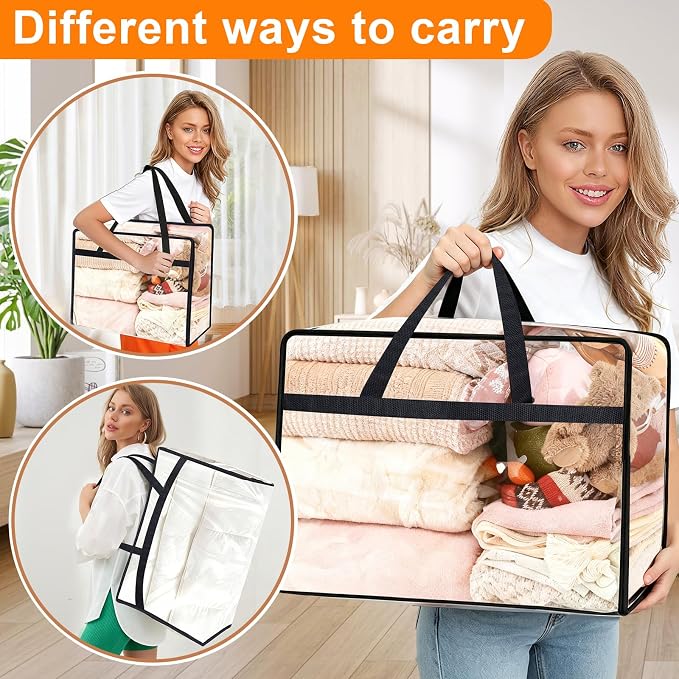 2 Pack Clear Clothes Storage Bags, 60LVinyl Blanket Storage Containers with Heavy Duty Zipper, Foldable Moving Bags, Closet Organizers for Bedding, Clothing, Comforters, Linens, Duvet - Image 3