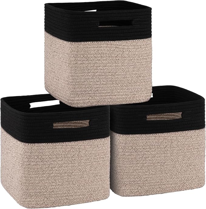 OIAHOMY Cube Storage Basket, 3-Pack Woven Cotton Rope Baskets for Storage, 11-Inch Cube Basket with Handles, Great for Shelves, Closets, Children's Toy Storage and Organization-Black & Brown by MasterofSpaceOptimization