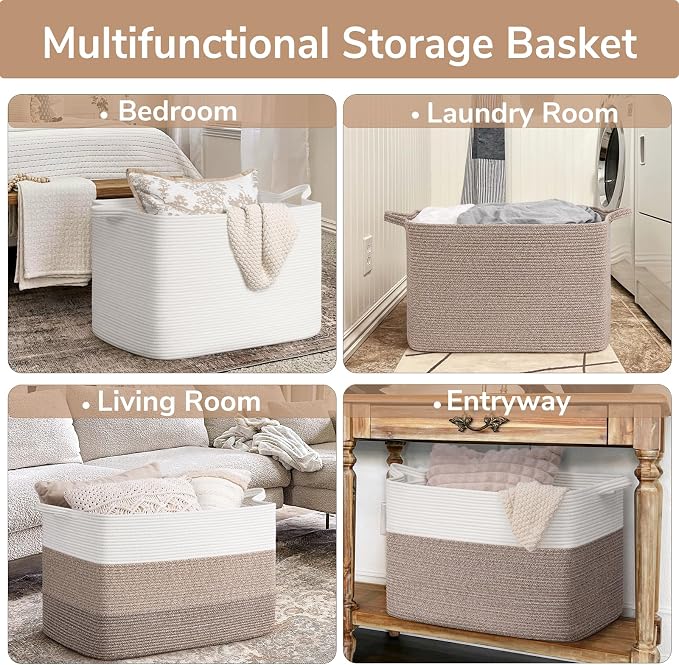 Goodpick 105L Extra Large Woven Rope Blanket Basket, Rectangle, White | 25'' x 16'' x 16'' Storage Basket for Blankets & Clothes, Living Room, Bedroom & Nursery Organization, Reinforced Handles - Image 4