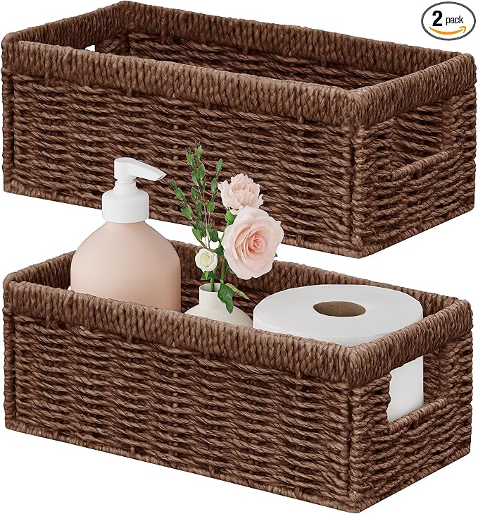Wicker Storage Basket, Set of 2 Hand Woven Wicker Baskets for Organizing with Handles, Decorative Small Storage Bins for Countertop Toilet Paper Basket for Toilet Tank Top, Shelves, Brown by Vagusicc