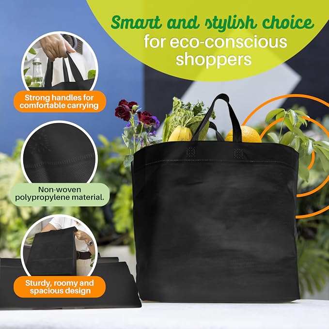 Simply Cool 200 Pack Reusable Grocery Bags, Medium Tote Bags Bulk, Black | 12.6"x6.3"x11.8" Heavy Duty Non-woven Custom Shopping Bags with Handles, Foldable, Washable for Retail and Commercial use - Image 6