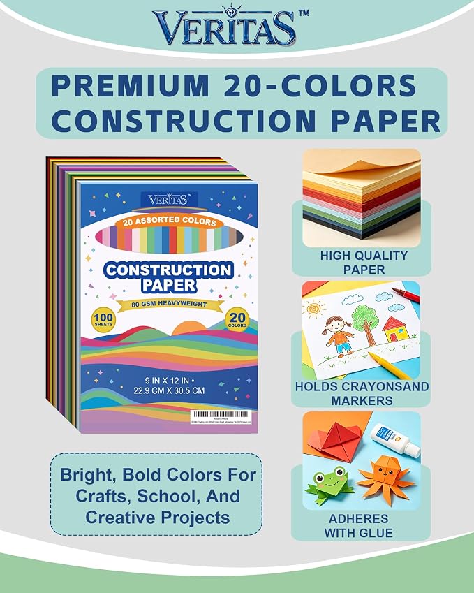 Veritas Construction Paper Assorted Colors, 9 x 12 Inch, 100 Sheets, 20 Bright Colors, Colored Craft Paper for Art Projects, Office Supplies, DIY Decorations, Home & Craft Room Use - Image 3