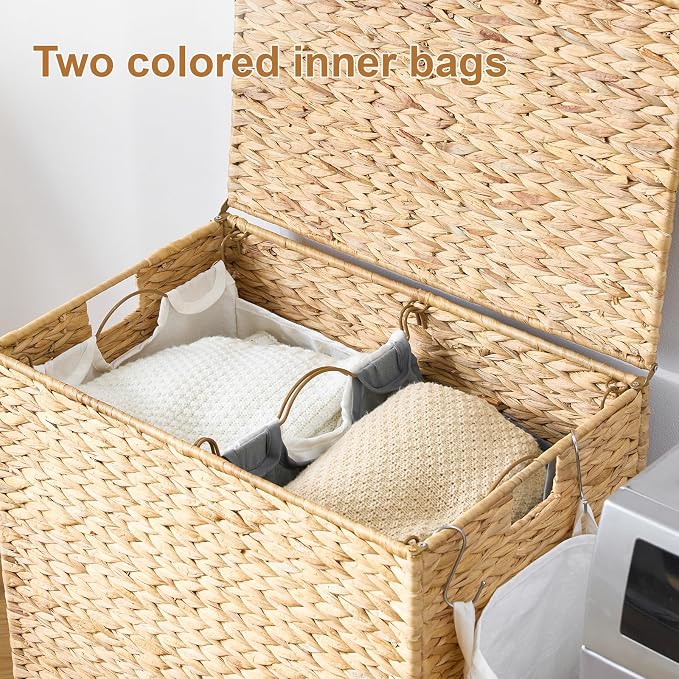Laundry Hamper with Wheels, 40.92 Gallon(155L) Water Hyacinth Laundry Basket with Lid, 2-Section Wicker Clothes Hamper with 2 Removable Liners, Laundry Sorter with Side Pocket, Natural - Image 2