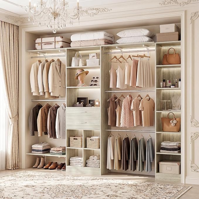 Besiost Closet System - 9.4FT/112" Closet Organizer System with Wooden Drawers,Closet Systems for Walk-In Closets with Hang Rods and Open Cabinet, Greige Oak - Image 4