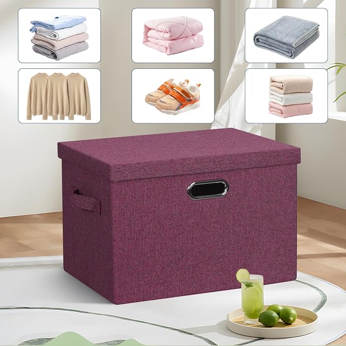 Storage Bins with Lids Fabric Closet Organizers Cubes Office Organization | 36 Quart 3 Pack Purple Collapsible Stackable Linen Fabric 4 Handles Bedroom Closet Cabinet Under Bed Clothes Toy Office File - Image 6