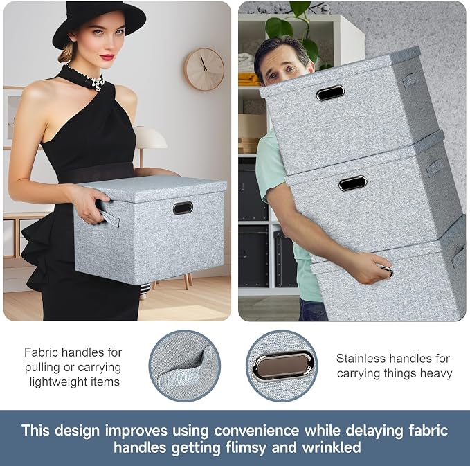 Storage Bins with Lids Fabric Closet Organizers Cubes Office Organization | 36 Quart 3 Pack Blue-Grey Collapsible Stackable Linen Fabric 4 Handles Bedroom Closet Cabinet Under Bed Clothes Toy Office - Image 5