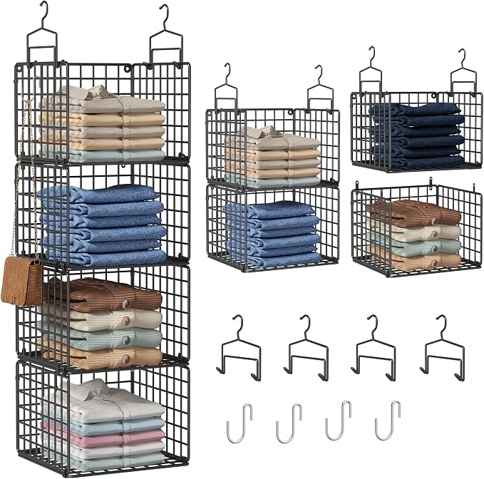 Hanging Closet Organizer, 4 Tier Metal Closet Organizers and Storage with 4 Hanging Hooks 4 S-Hooks for Wardrobe Laundry Room, Wire Storage Shelf for Clothes Sweaters Pants (Black) by Orapoke