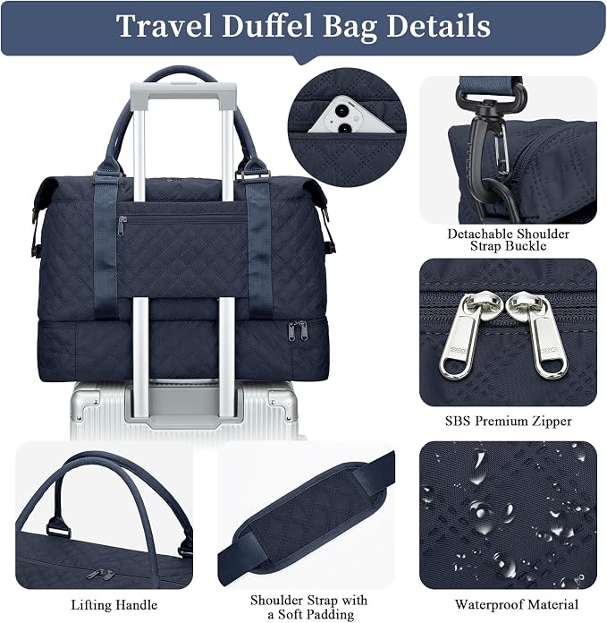 Weekender Bags for Women, Travel Duffel Bag with Shoes Compartment | Overnight Bag with Toiletry Bag, Carry on Personal Item Bag for Travel Business Trips Sport Hospital,Grid Travel Bag Set - Image 6