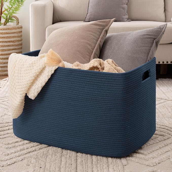 OIAHOMY 118L XXXLarge Cotton Rope Storage Basket, Oversized Blanket Basket, Used for Organizing Dirty Clothes in Living Room, Bedroom, Nursery, Dog Toy Storage Bins, 25" x 17" x 16",Blue - Image 2