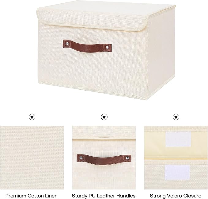 ANMINY Fabric Storage Box Bins with Lids, Beige, 13"x9"x7.9", 2 Pack | Keepsake Memory Storage, Cotton Linen, PP Board Reinforced, Washable, PU Handles, Foldable & Stackable, Decorative, Medium - Image 4