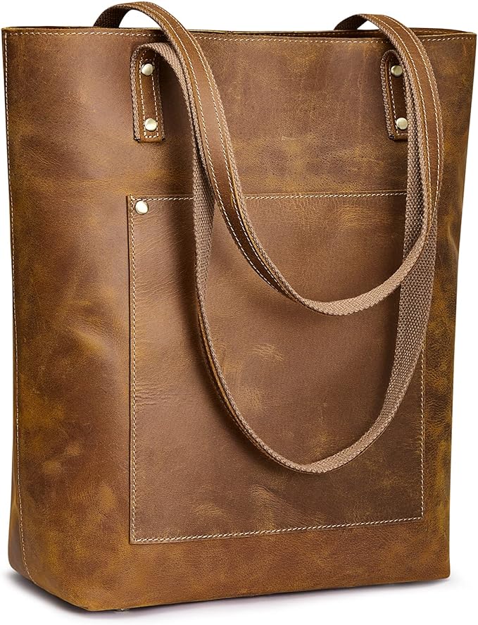 S-ZONE Leather Tote Bag for Women Work Handbag with Luggage Sleeve | Top Grain Genuine Leather, Padded Laptop Compartment, Multi Pockets, Large Retro Purse, Travel Everyday by S-ZONE