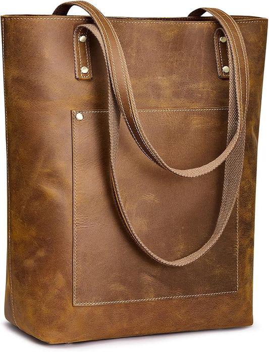 S-ZONE Leather Tote Bag for Women Work Handbag with Luggage Sleeve | Top Grain Genuine Leather, Padded Laptop Compartment, Multi Pockets, Large Retro Purse, Travel Everyday by S-ZONE