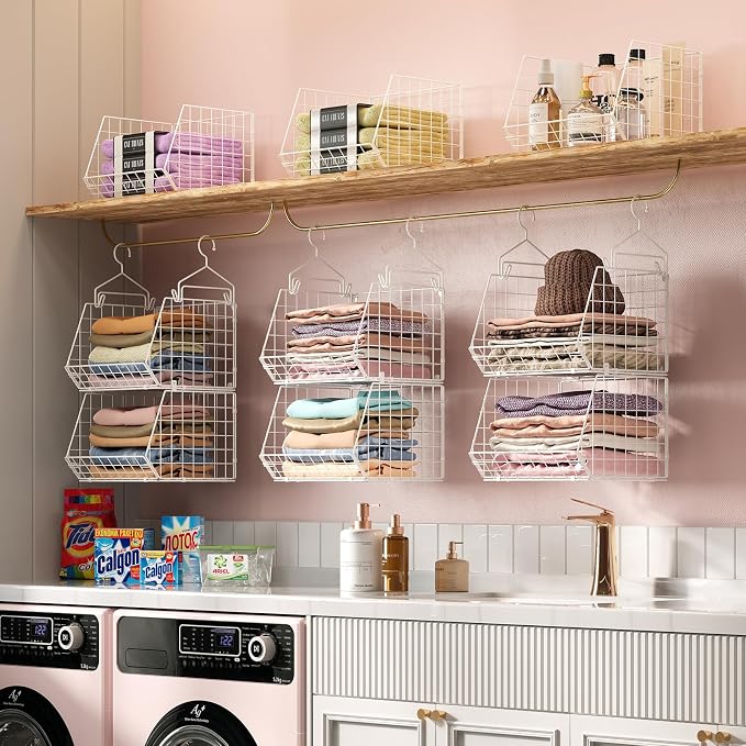 X-cosrack 6 Tier Closet Hanging Organizer, Clothes Hanging Shelves with 4 Hanging Hooks 5 S Hooks, Wire Storage Basket Bins, for Clothing Sweaters Shoes Handbags Clutches Accessories Patent - Image 4