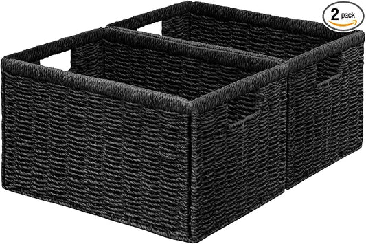2 Packs Large Wicker Storage Basket, Closet Storage Baskets Bins for Shelves, Decorative Collapsible Baskets for Organizing Clothes Toy Nursery Bathroom Organizers and Storage, Black by Vagusicc