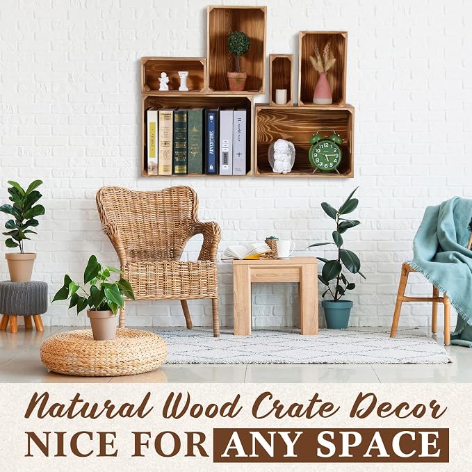 AceOrbit Set of 6 Rustic Wood Crates, Nesting Storage Boxes,Light Brown | Distressed Wooden Containers with Cutout Handles, Vintage Farmhouse Wedding Party Decor, Decorative Baskets for Supplies - Image 6