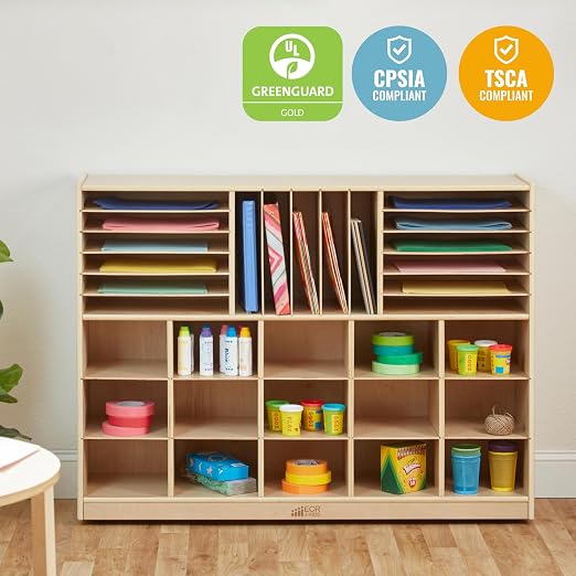 ECR4Kids Multi-Section Mobile Tray Cabinet with Cubby Storage Compartments, Kids Furniture, Natural, 48"D x 13"W x 36"H - Image 6