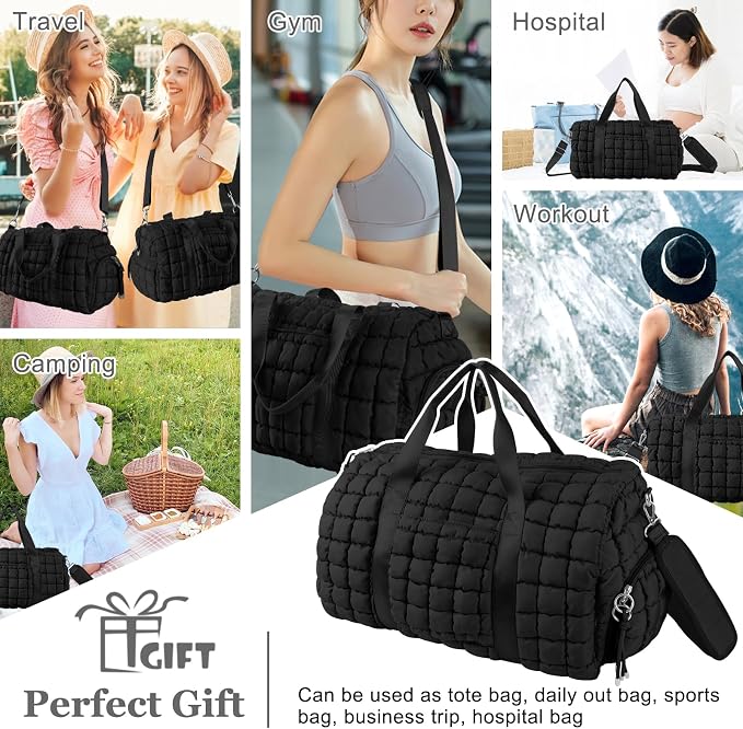 Quilted Travel Duffle Bag Gym Bag for Women,Large Puffer Duffle Weekender Bag with Compartment,Workout Overnight Carry on Organizer Bag Duffle Bag for Airplane Travel(L-Black) - Image 4
