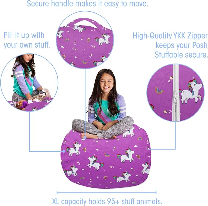 Posh Creations Kids Stuffed Animal Storage Bean Bag Chair Cover - Childrens Toy Organizer, Large-38in, Canvas Unicorn and Rainbows on Purple - Image 2