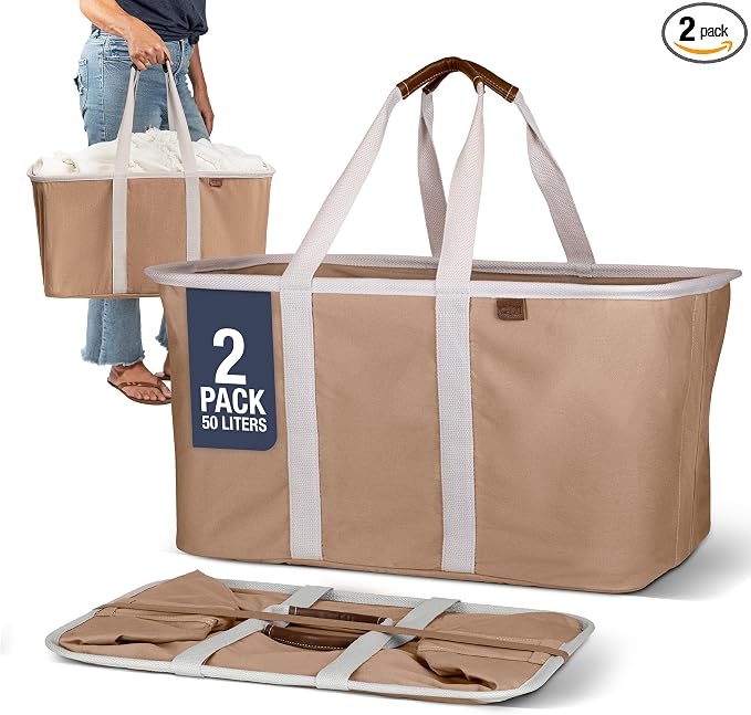 CleverMade Collapsible Laundry Tote LUXE, 50L Carry-All Tote, 2 Pack, Mocha | Bring a Polished Look to Laundry Day | Cotton-Blend Fabric and Vegan Leather Pair with Long Handles and 55 lb Support by CleverMade