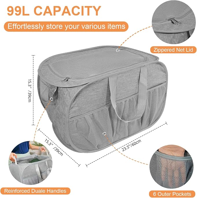 2 Pack Collapsible Laundry Baskets with Lid, Foldable Laundry Basket with Pockets, Pop Up Hamper with Dual Handles, 99L Sturdy Hampers for Clothes, Groceries, Supplies, Tools, Grey - Image 5