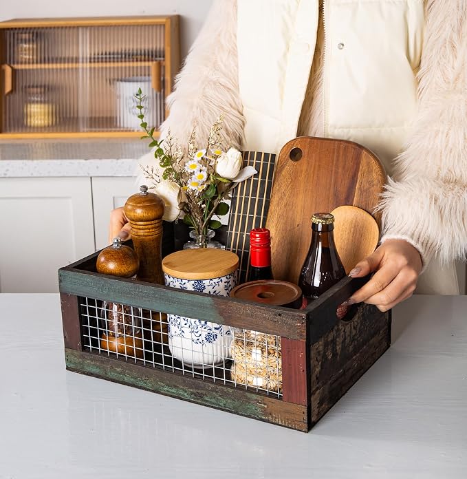 TIMRIS Set of 3 Rustic Wood Nesting Crates, Farmhouse Distressed Wooden Storage Boxes, Decorative Reclaimed Wood Organizer Baskets with Wire Mesh (Random) - Image 3