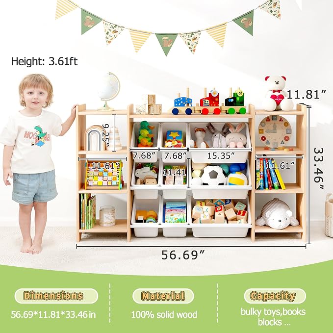 MallBest 57" Extra Wide Toy Storage Organizer and Kids Bookshelf, Solid Pine Wood Frame Playroom Organizer with 9 Bins, 4-Tier Toy Organizer for Kids Room, Nursery and Bedroom, Natural - Image 3