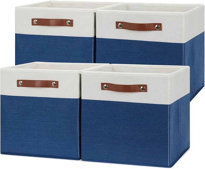 Temary Collapsible Storage Boxes - 12x12 Blue Cube Storage Bins with Handles for Organizing Home, White&Blue by TEMARY