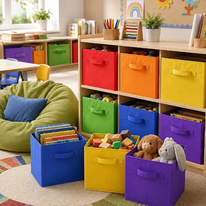 Yinder 12 Pcs Cube Storage Bin Rainbow Colored 10.5''x10.5''x11'' Storage Bins for Kids Classroom Decor Colorful Bins Foldable Baskets for Playroom Nursery Organizer Fabric Boxes - Image 3