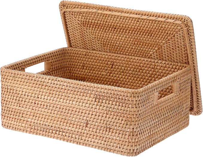 Hipiwe Rattan Basket Box with Lid X-Large Wicker Lidded Decorative Baskets | Handwoven Storage Basket Bins Rectangular Household Baskets for Shelf Organizing Home Decor, 17" x 13" x 6.7" - Image 9