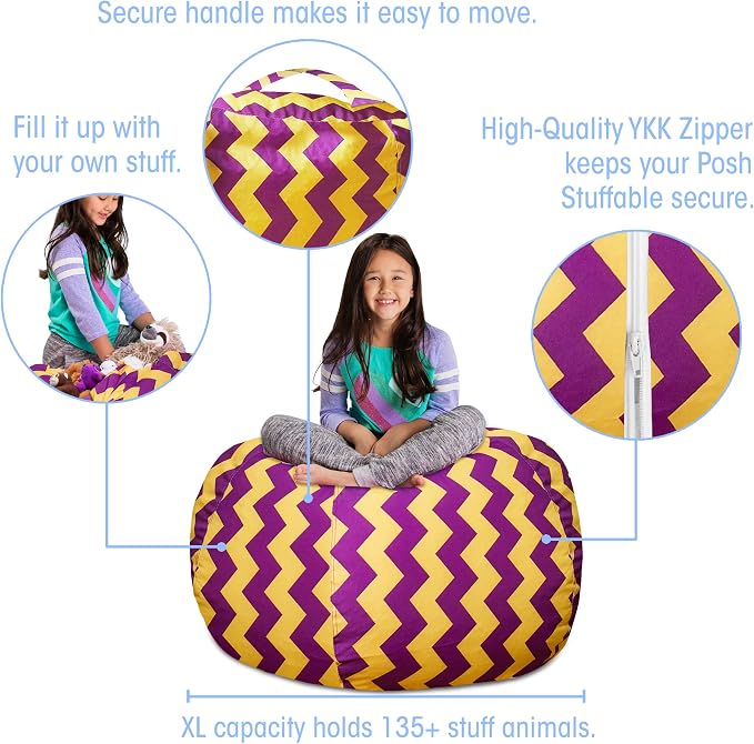 Posh Creations Stuffable Kids Stuffed Animal Storage Bean Bag Chair Cover - Childrens Toy Organizer, X-Large 48" - Pattern Chevron Purple and Yellow - Image 2